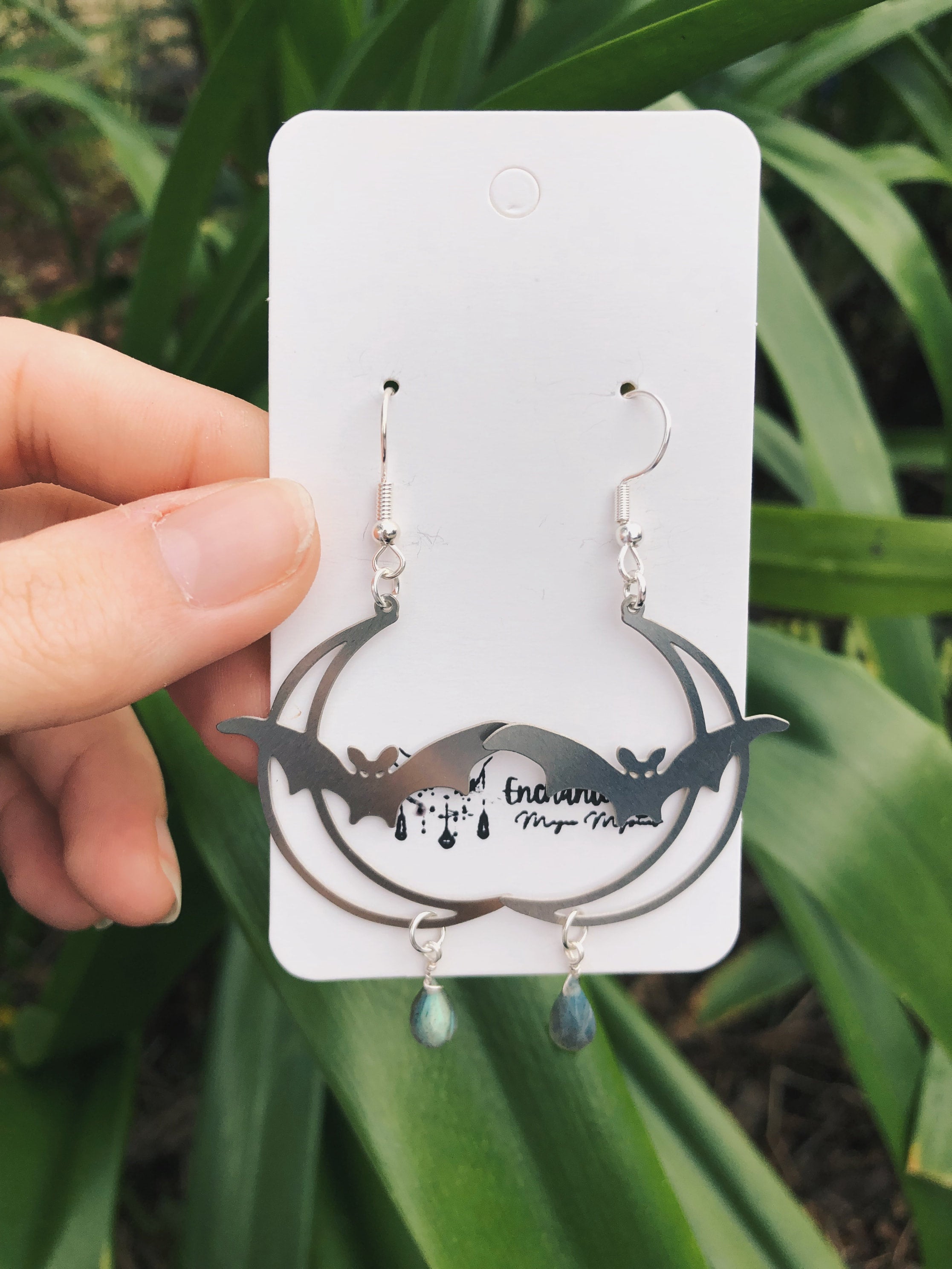 Flying Bat Labradorite Teardrop Earrings Enchanted Magic Mystics